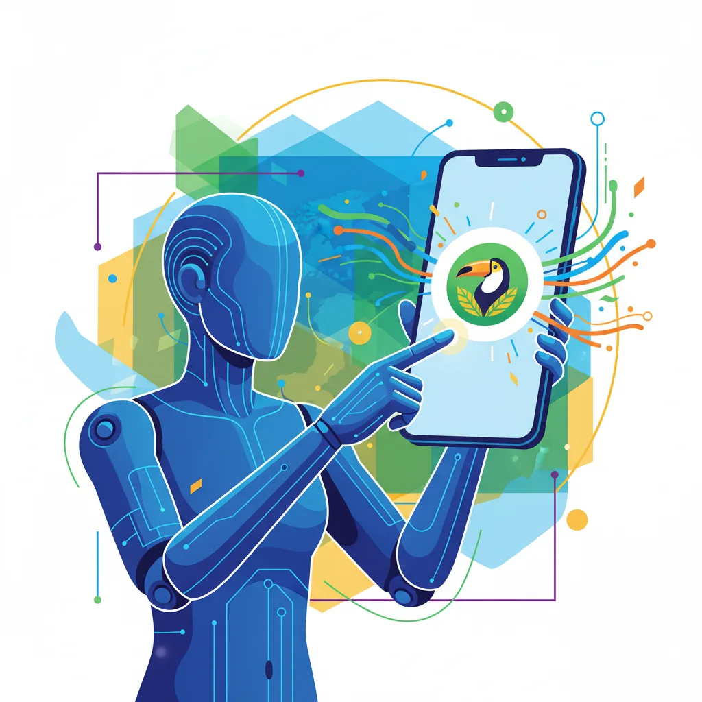 Assistente de IA recomendando uma empresa brasileira em uma tela de smartphone, com foco em AEO e GEO