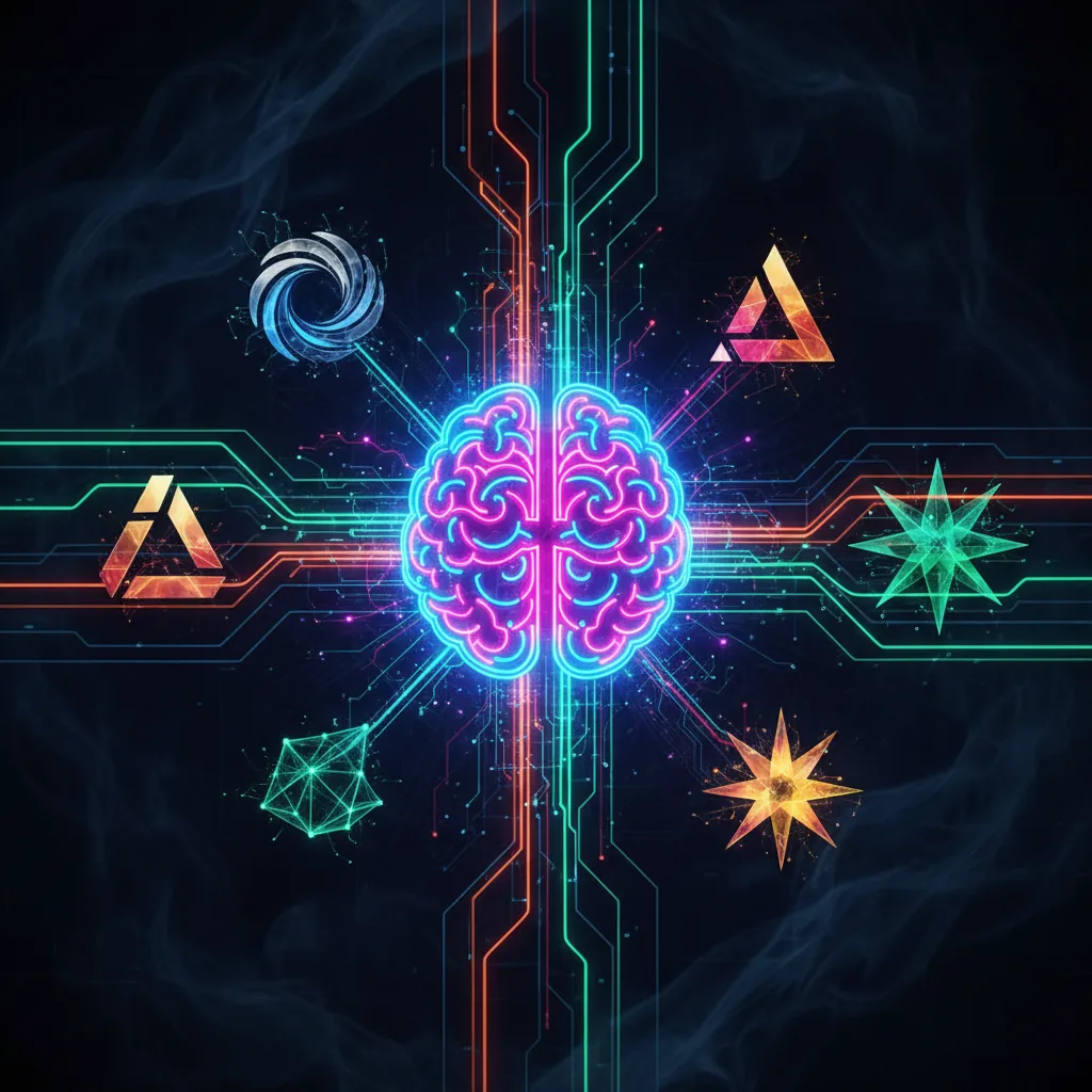 Ilustração de um cérebro de neon conectado a IAs, representando como AEO e GEO fazem uma empresa ser citada.