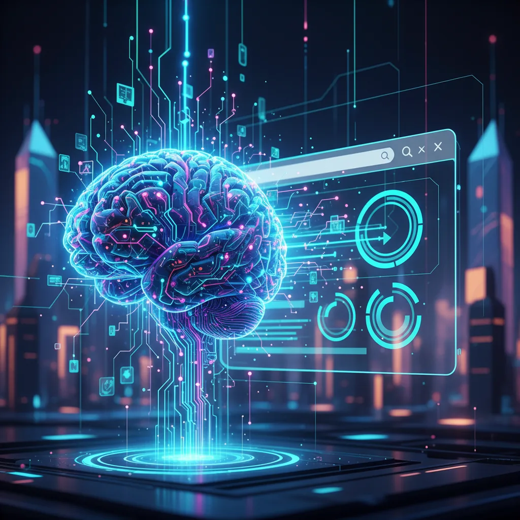 Cérebro de Inteligência Artificial conectado a interface de site para SEO, AEO e GEO em 2026