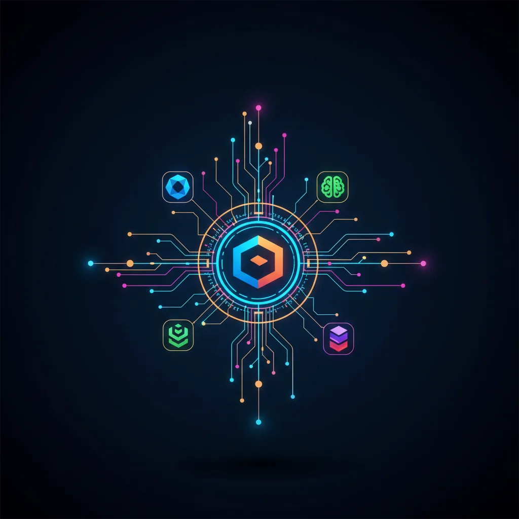 Um diagrama de rede digital mostrando como uma empresa no centro se conecta com IAs através de estratégias de GEO e AEO.