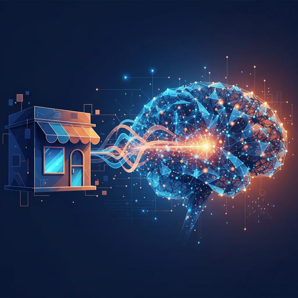 Ilustração de uma empresa brasileira sendo conectada a uma rede de inteligência artificial, representando a citação no ChatGPT.