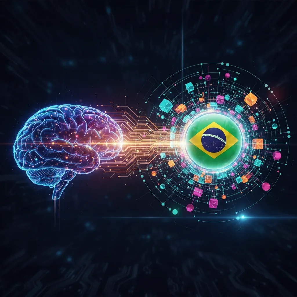 Diagrama abstrato mostrando a conexão entre um cérebro e uma rede digital, ilustrando o conceito de GEO e AEO para empresas brasileiras serem citadas por IAs.