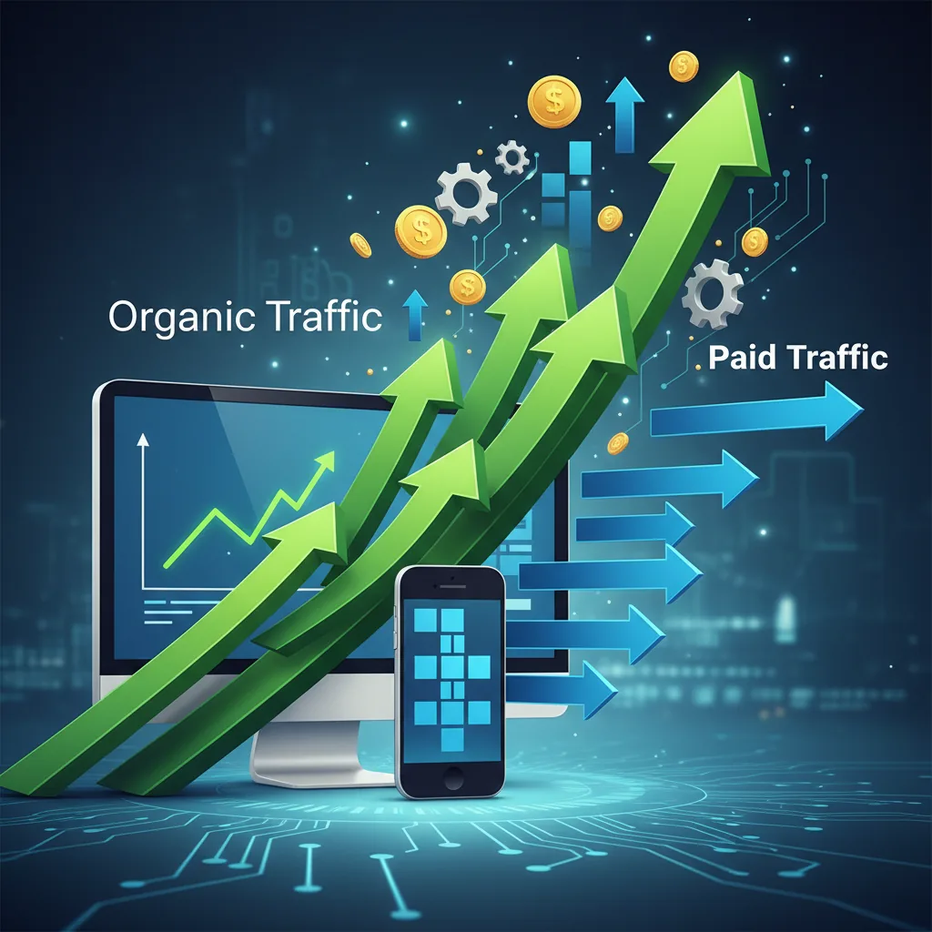 Gráfico mostrando o equilíbrio e crescimento entre tráfego orgânico e tráfego pago no marketing digital