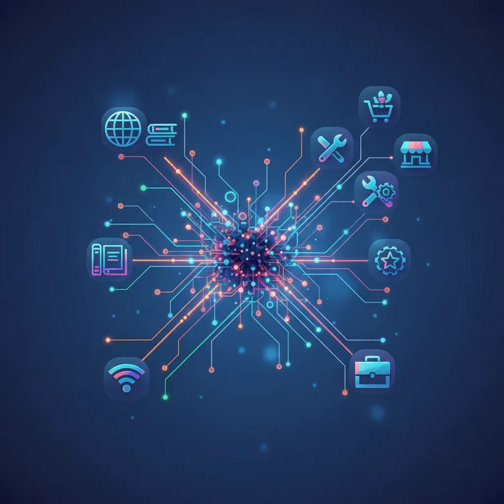 Ilustração abstrata de uma rede neural processando dados para recomendações de negócios por IA