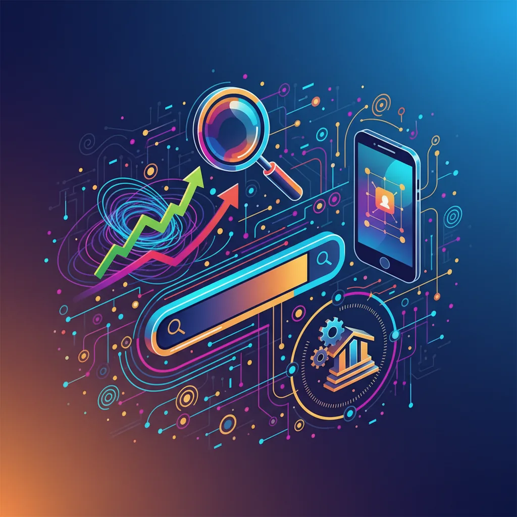 Ilustração digital abstrata com elementos de SEO interconectados