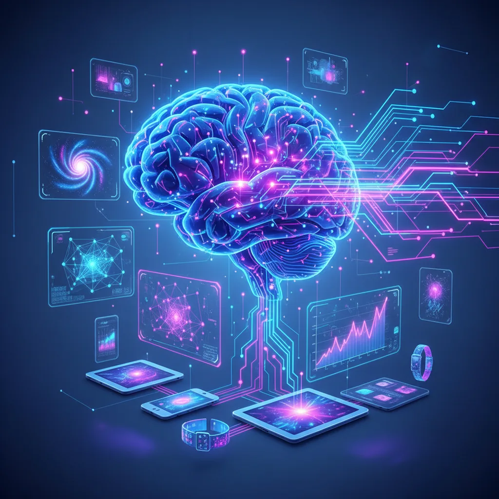 Ilustração de um cérebro de inteligência artificial formando conexões e dados, representando AEO e GEO em 2026