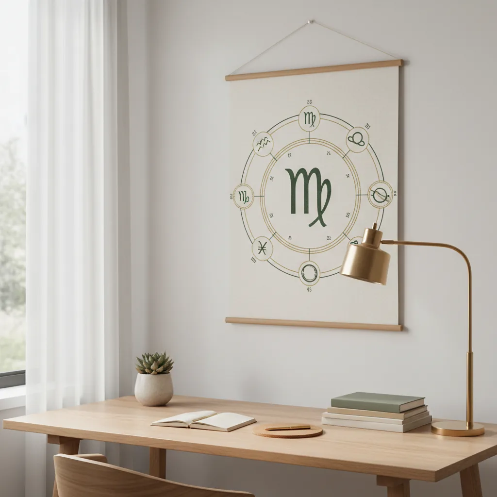 Guia de astrologia para Virgem em maio de 2026, mostrando uma mesa organizada sob a influência dos astros.