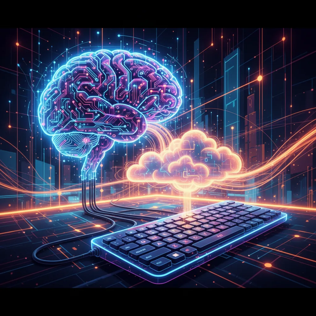 Um cérebro humano estilizado, feito de circuitos digitais brilhantes, conectado a um teclado de computador, simbolizando a colaboração na criação de conteúdo com IA.