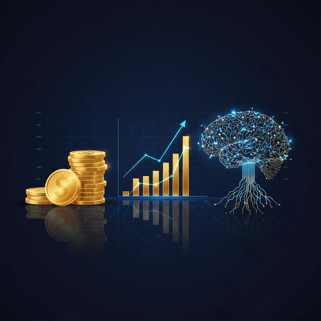 Infográfico digital mostrando ícones de moedas, gráficos de crescimento e um cérebro eletrônico simbolizando inteligência artificial no planejamento financeiro.