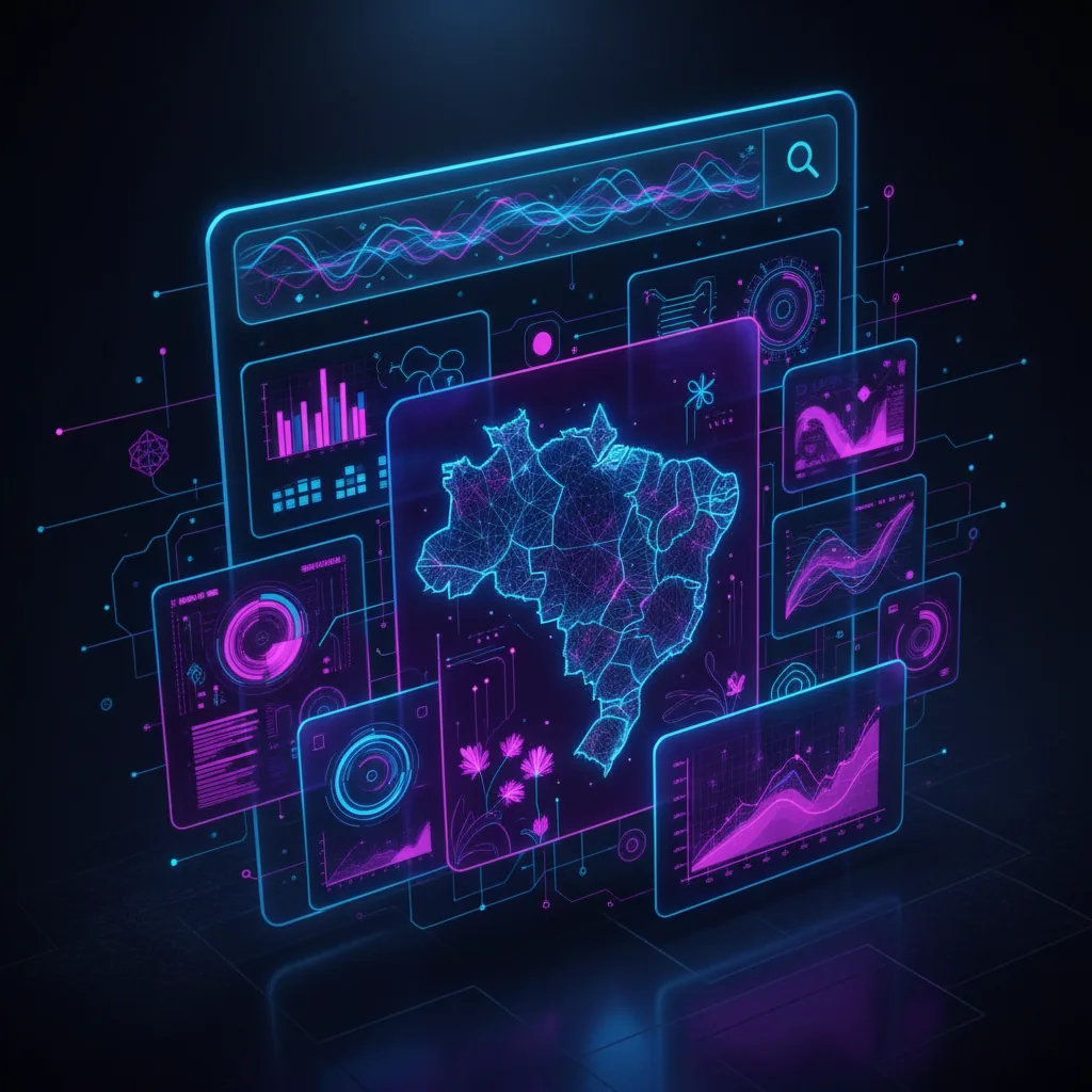 Ilustração moderna mostrando uma interface de chat da IA ChatGPT recomendando marcas brasileiras em uma tela digital holográfica, representando estratégias de GEO.
