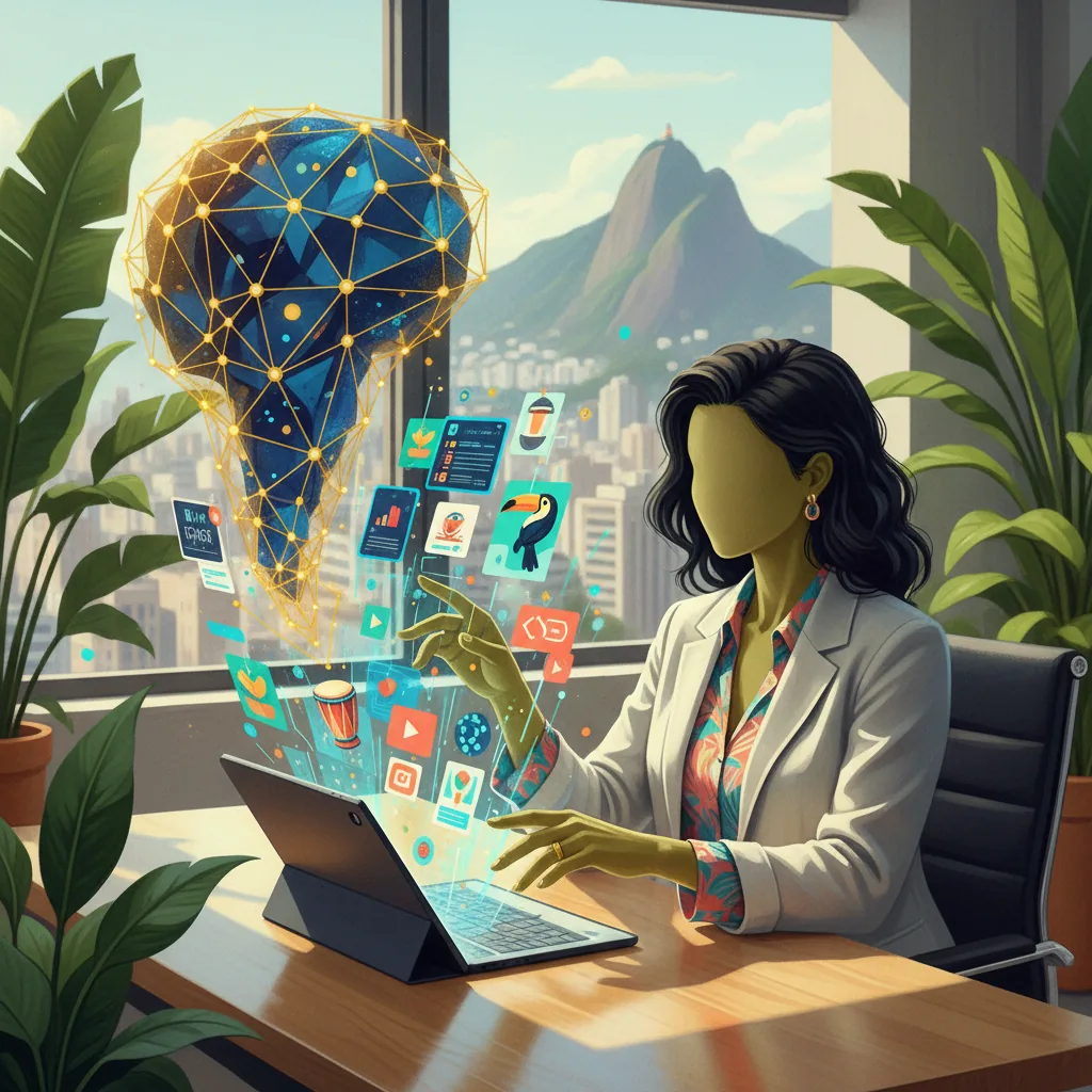 Inteligência artificial auxiliando empresário brasileiro na criação de conteúdo, com gráficos e dados