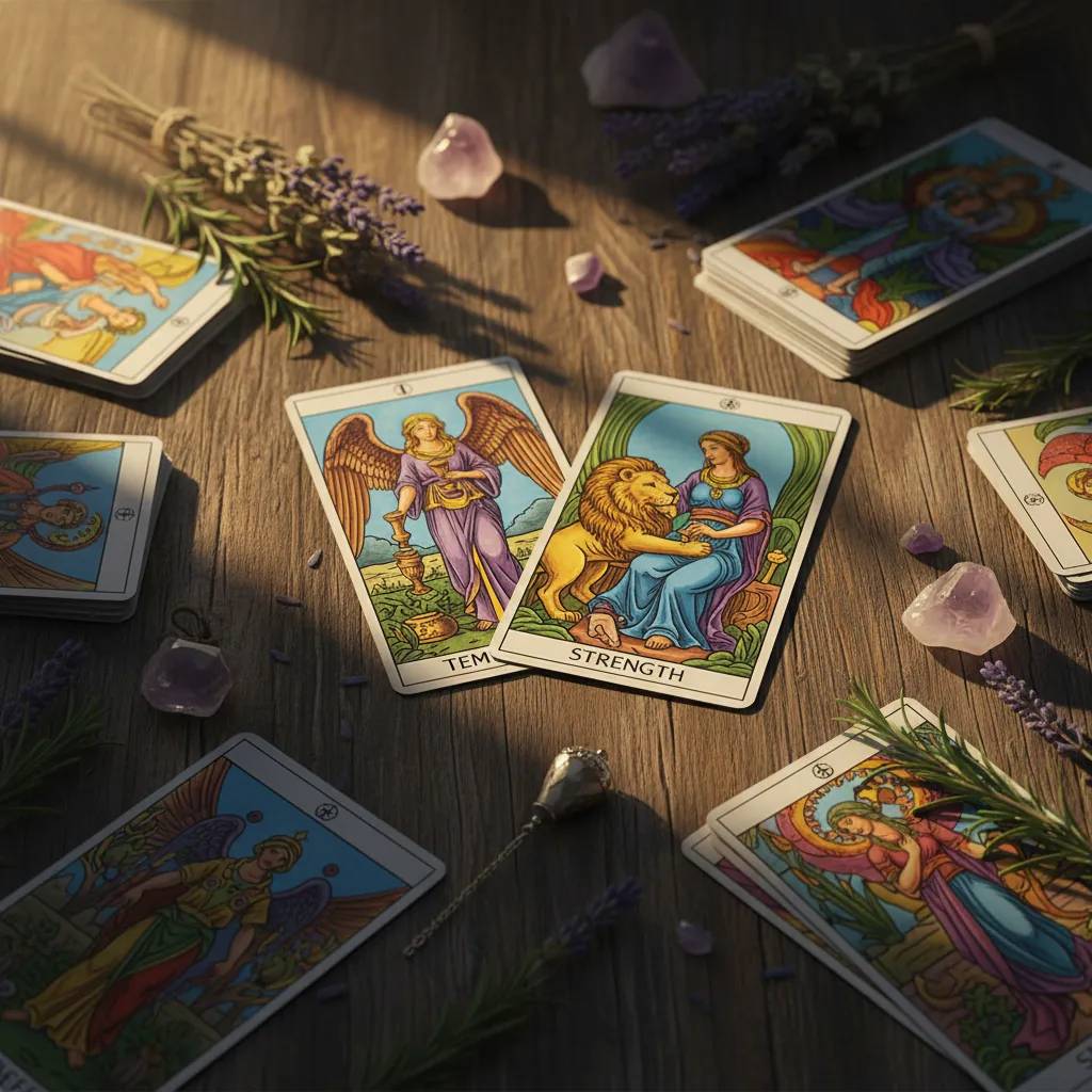 Cartas de Tarô sobre uma mesa de madeira com elementos de equilíbrio simbolizando a temperança em 2026
