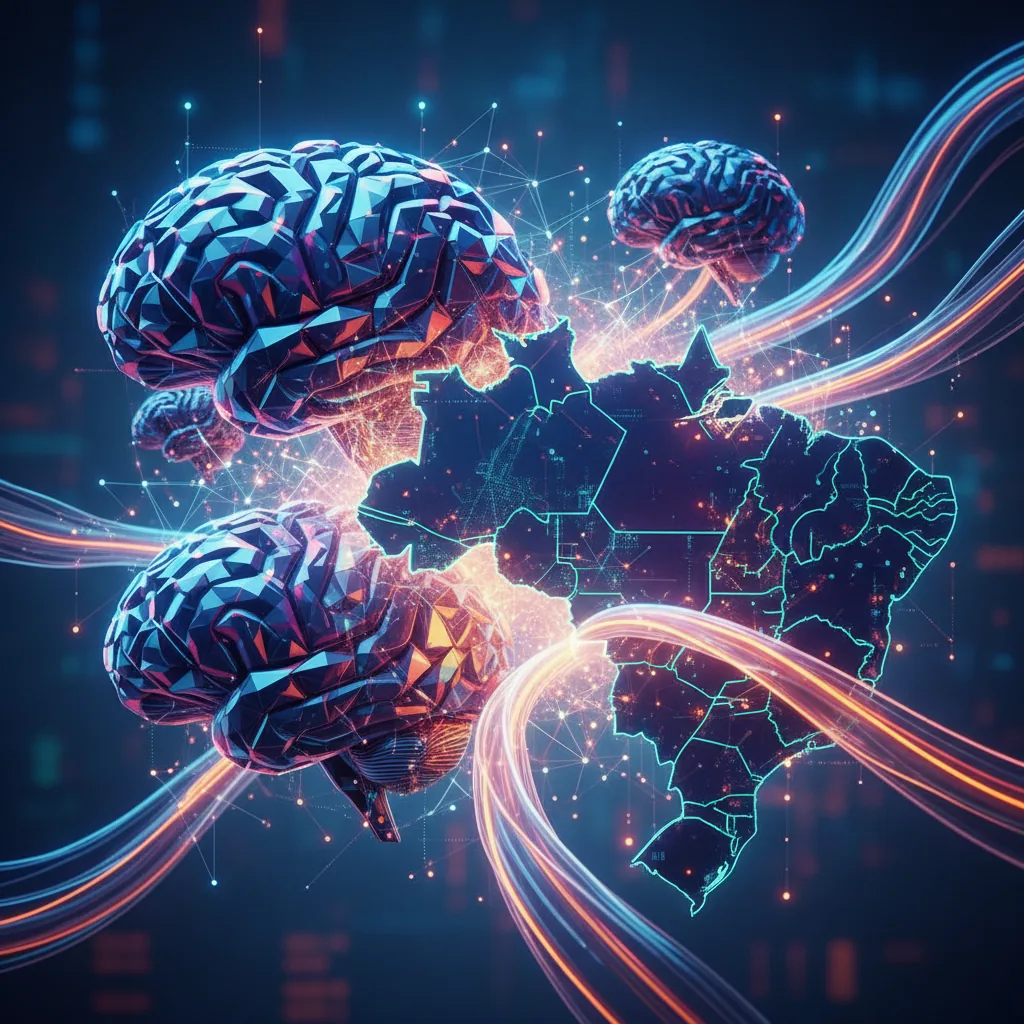 Representação abstrata de inteligência artificial otimizando empresas brasileiras em 2026
