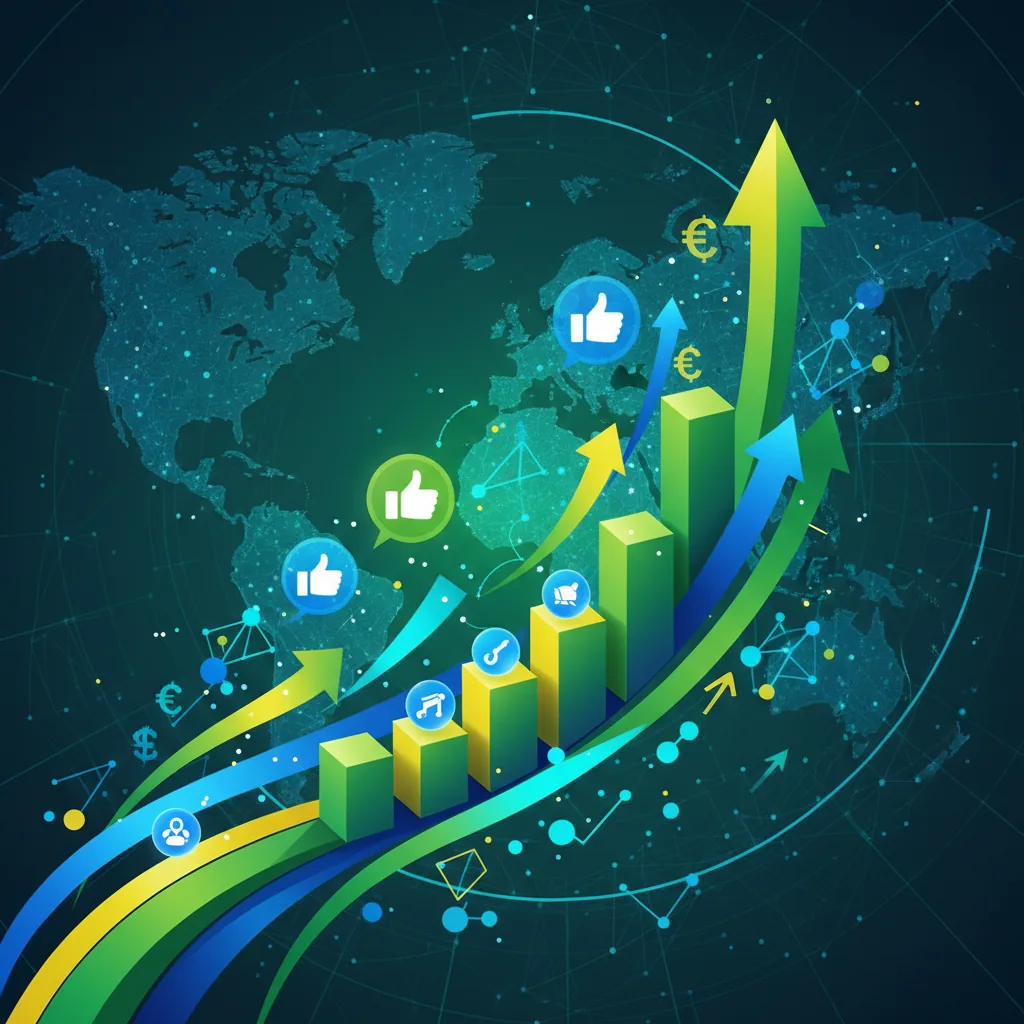 Gráfico abstrato mostrando o impacto econômico do TikTok no Brasil, com barras de crescimento e ícones de mídia social nas cores da bandeira brasileira.