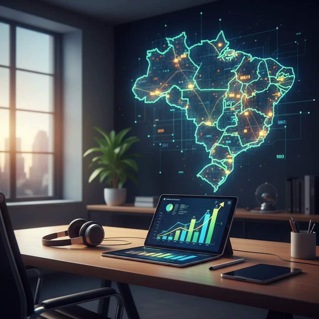 Empresário brasileiro analisando gráficos de crescimento de tráfego orgânico em um tablet em um escritório moderno.