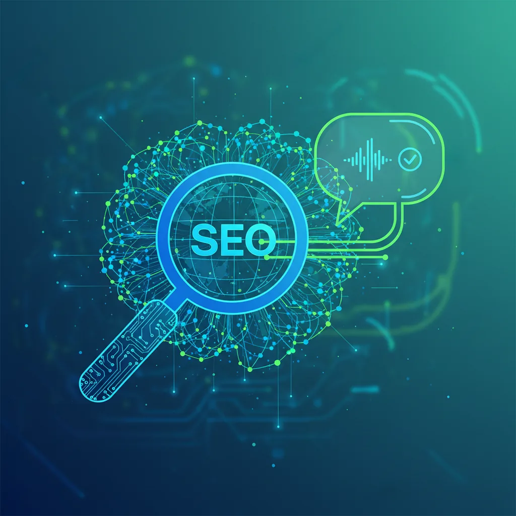 Ilustração abstrata mostrando a interconexão entre SEO, GEO e AEO, os três pilares da busca moderna.