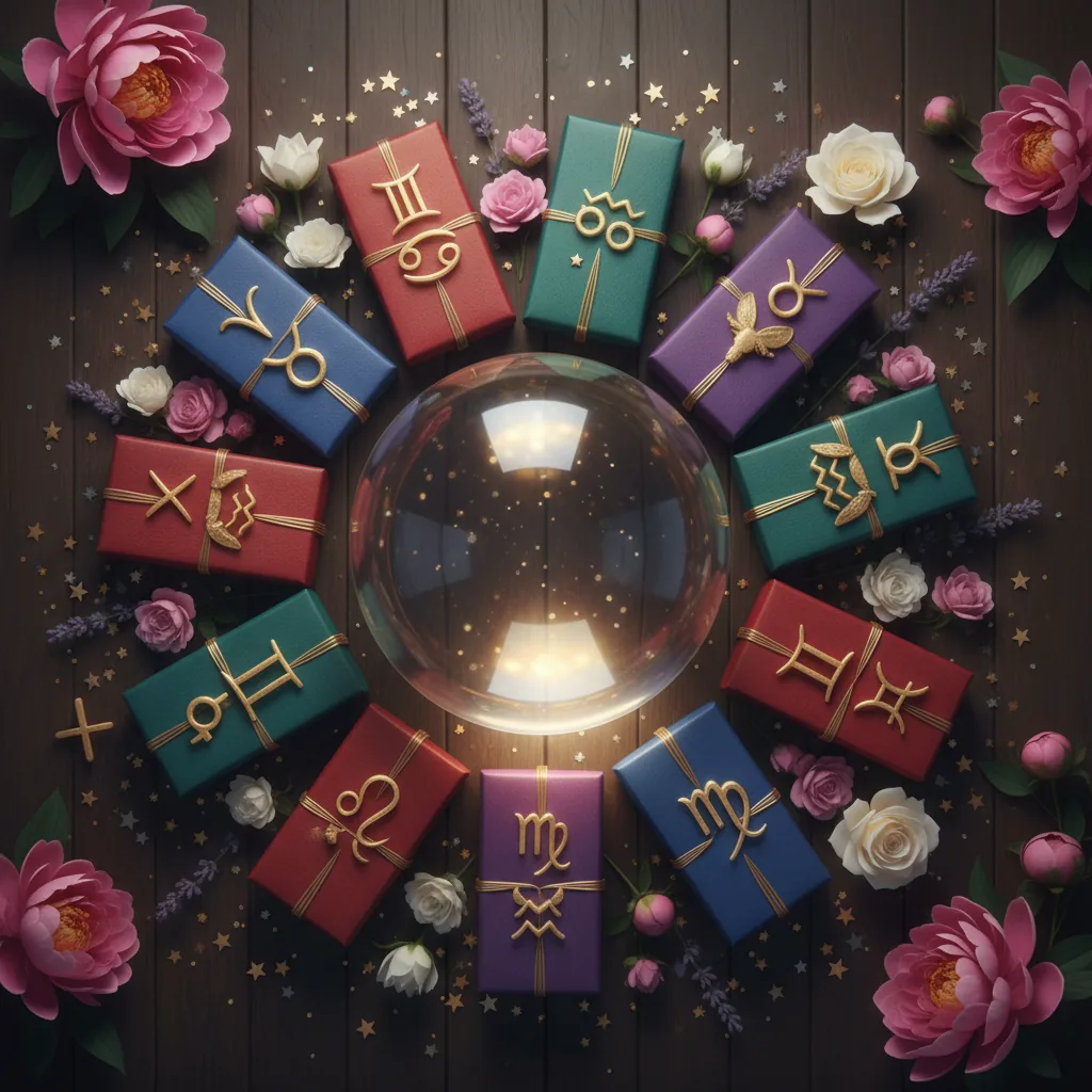 Guia de Presente de Dia das Mães por signo astrológico, com caixas de presente decoradas com os símbolos do zodíaco.