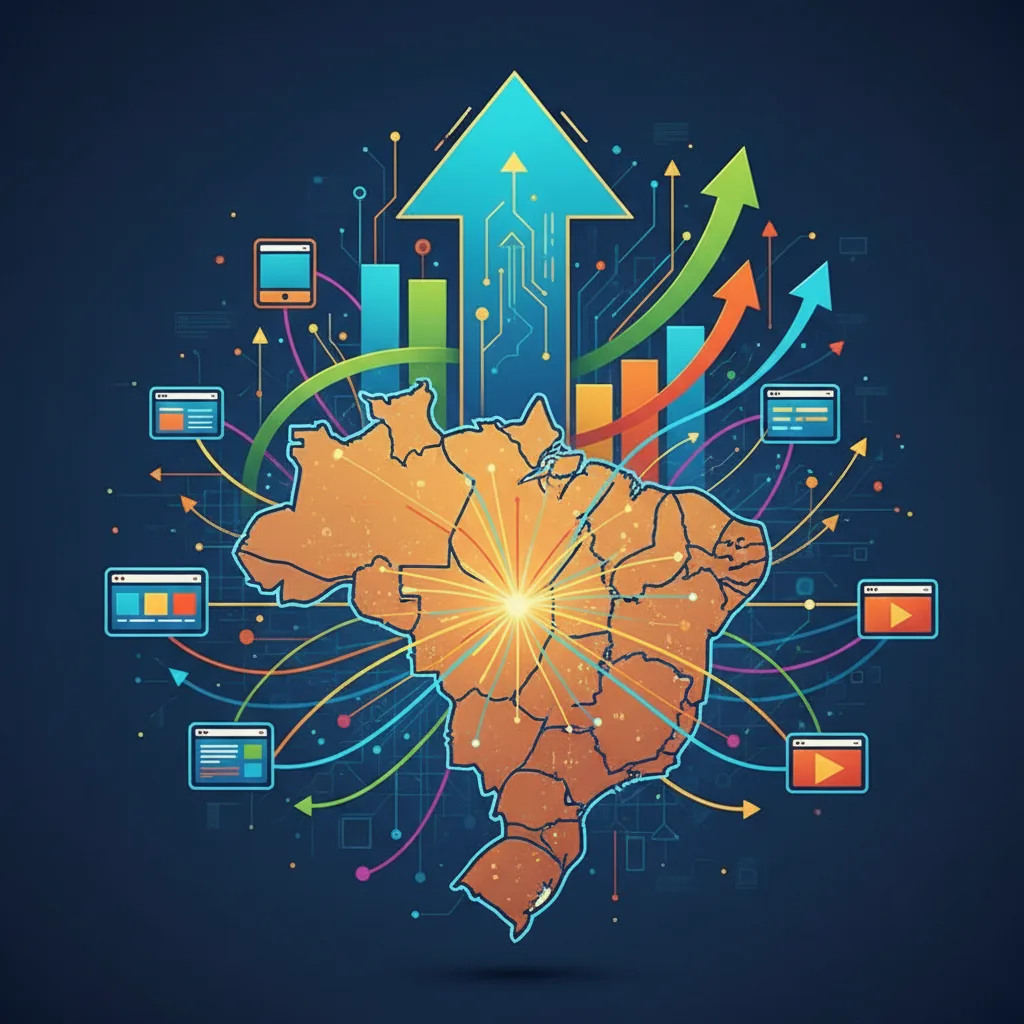 Ilustração de conceito de link building no Brasil, com sites interconectados e setas de crescimento, representando o tráfego orgânico.