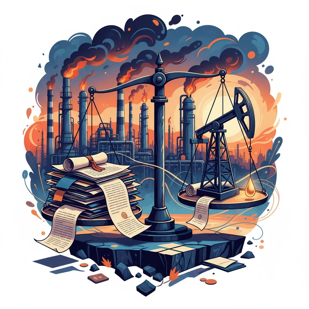 Balança da justiça com contratos e uma refinaria da Petrobras ao fundo, ilustrando o Tema 1.118 do STF