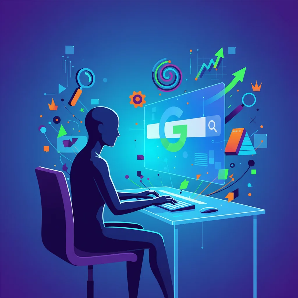 Pessoa pesquisando no Google, com elementos gráficos de SEO ao redor