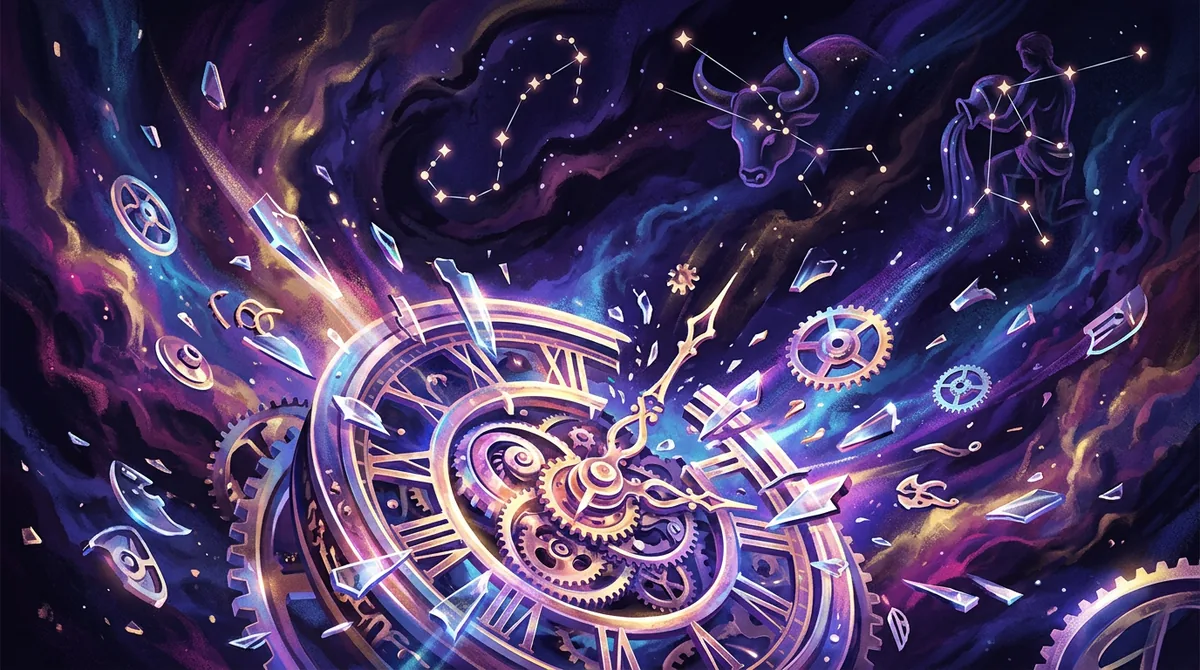 Ilustração artística representando uma explosão de energia cósmica ao redor dos signos de Escorpião, Touro e Aquário sob o céu de abril de 2026.