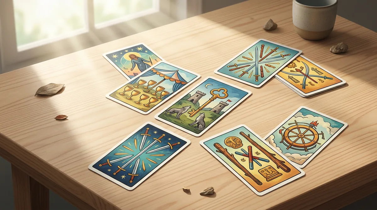 Mãos segurando cartas de tarô em um ambiente calmo e equilibrado ilustrando a tomada de decisão em abril de 2026