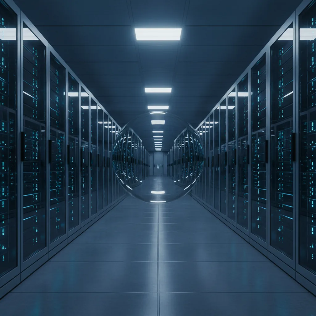 Diagrama ilustrando o consumo de água do ChatGPT, com racks de servidores de data center dentro de uma gota d'água.
