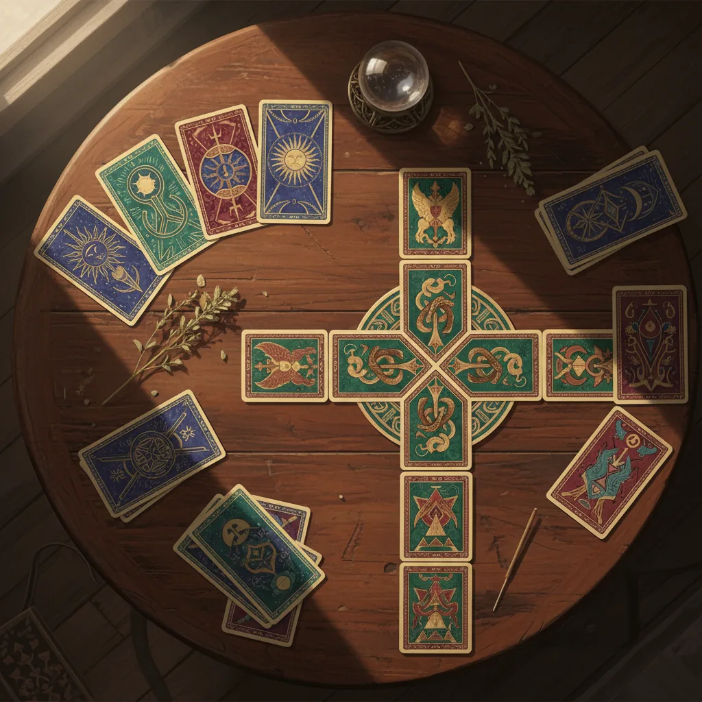 Sete diferentes tiragens de tarô dispostas sobre uma mesa de madeira escura, ilustrando os métodos essenciais de leitura.