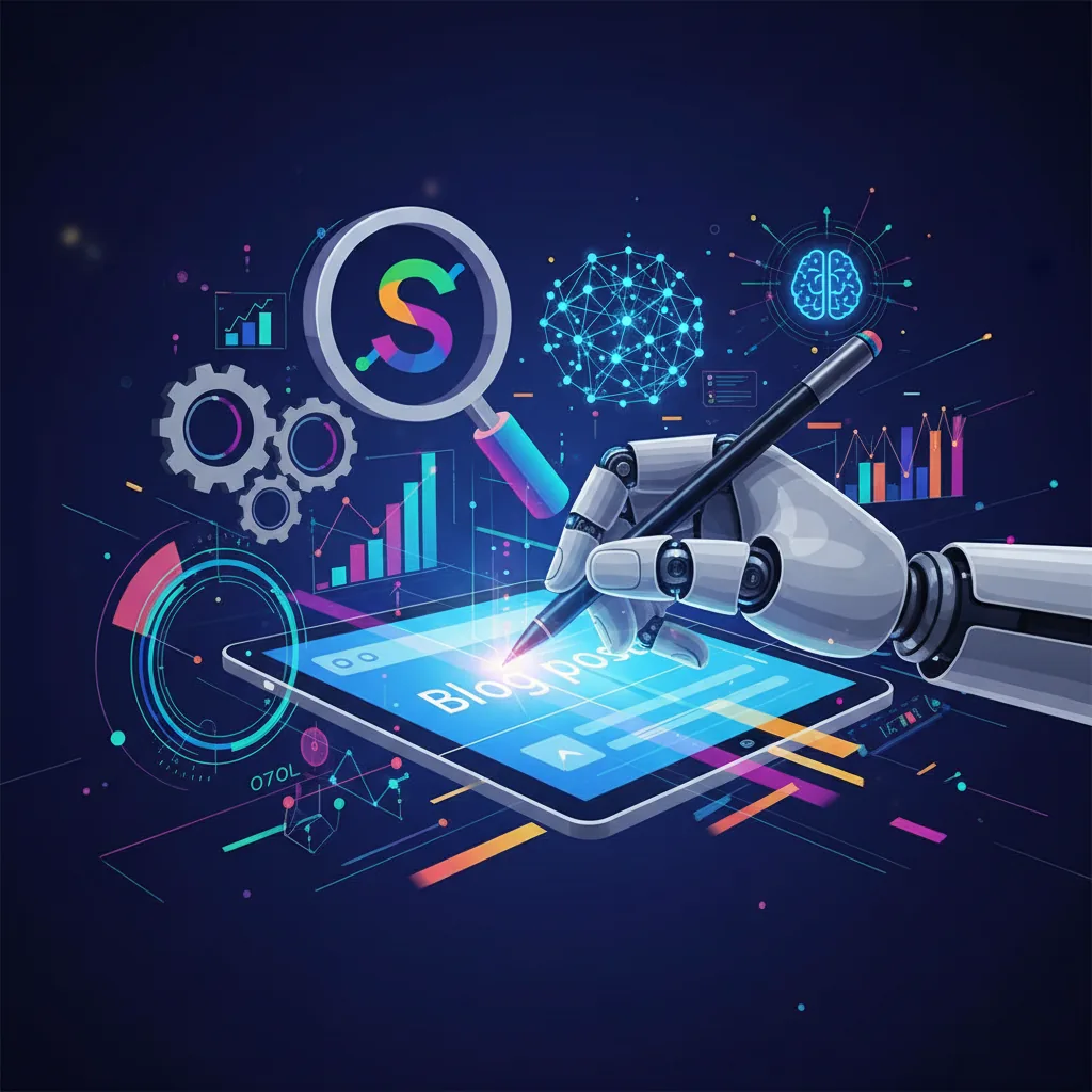 Ilustração abstrata de uma mão robótica escrevendo um post de blog com elementos de otimização para motores de busca e símbolos de inteligência artificial.