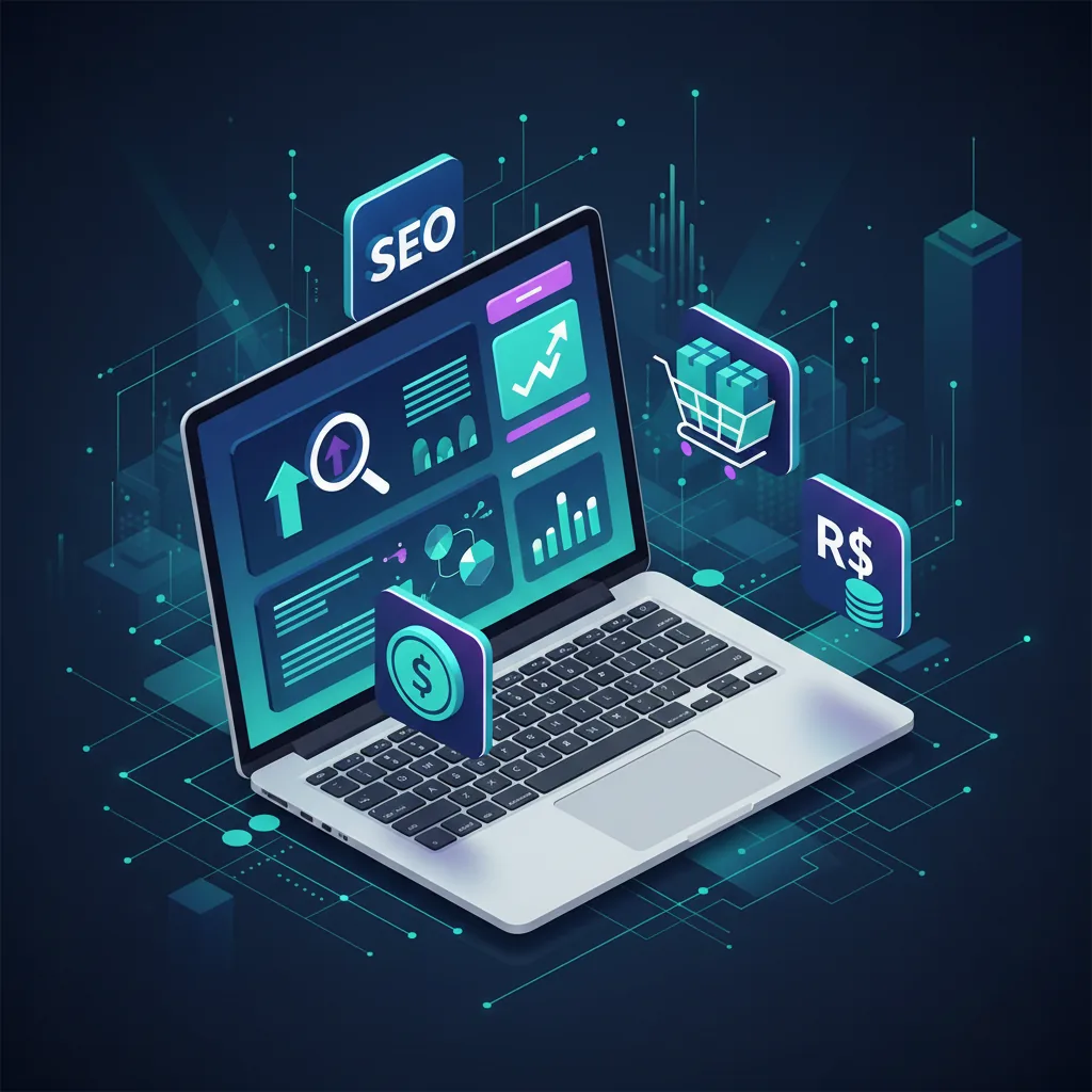 Infográfico ilustrando estratégias de e-commerce e ferramentas Shopify aplicadas a uma loja virtual moderna no Brasil.