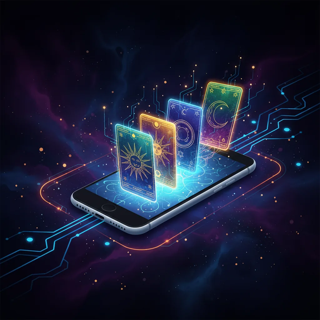 Ilustração moderna de cartas de tarô flutuando sobre a tela de um smartphone com luzes neon e conexões digitais simbólicas.