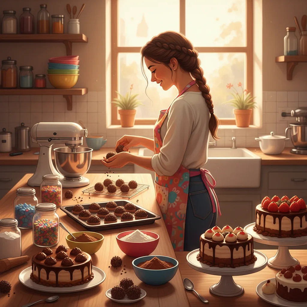 Mulher alegre preparando doces e bolos em uma cozinha organizada para renda extra.