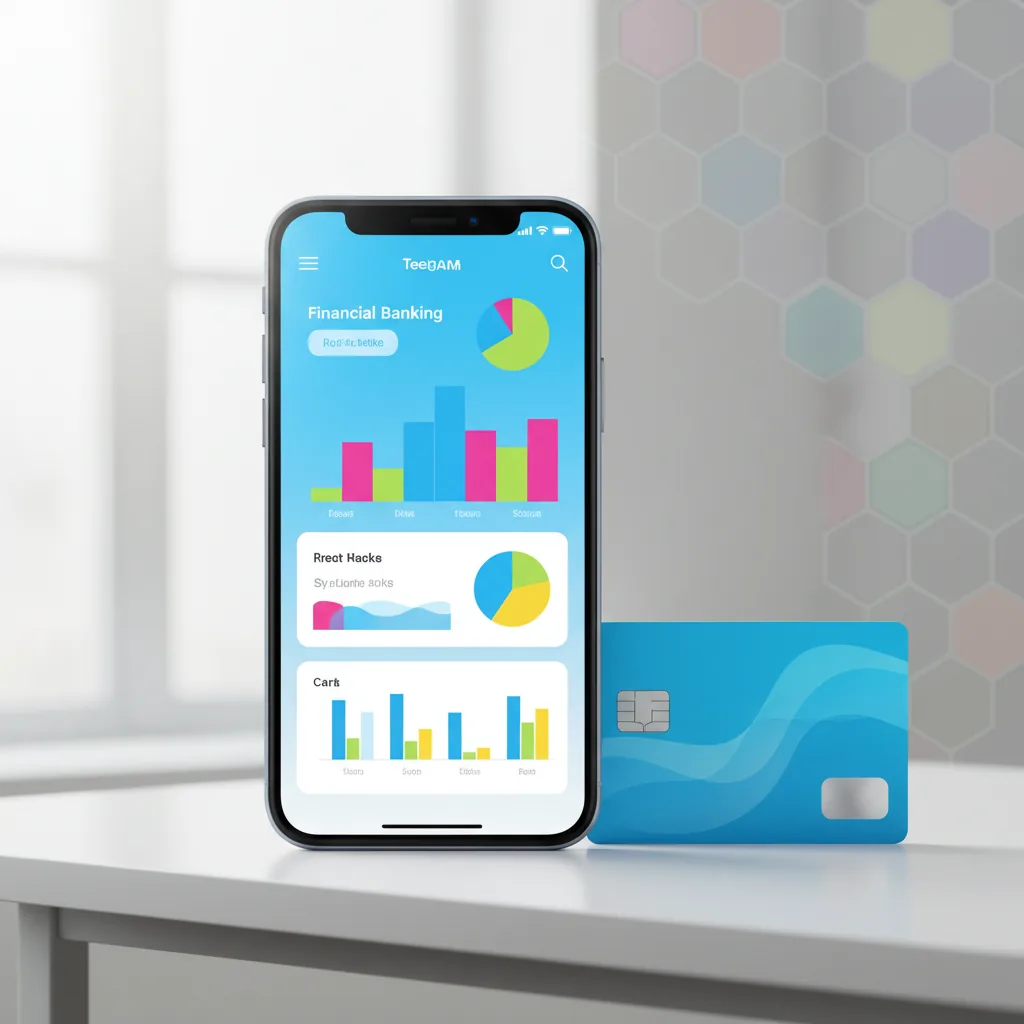 Smartphone exibindo aplicativo de conta digital para menores de 18 anos ao lado de um cartão de débito colorido sobre uma mesa de madeira.
