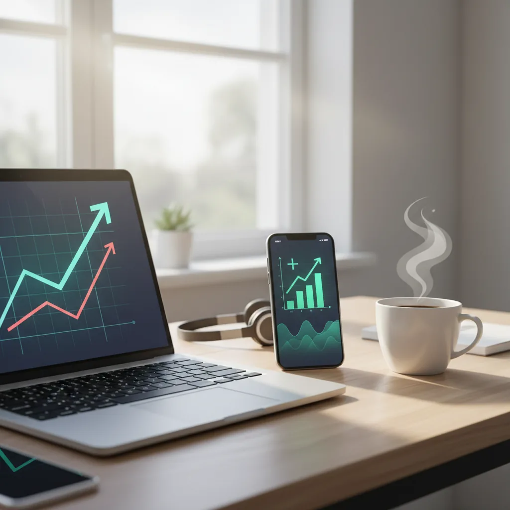 Laptop sobre mesa de madeira com gráficos financeiros e smartphone exibindo notificações de pagamento via Pix, representando renda extra online.