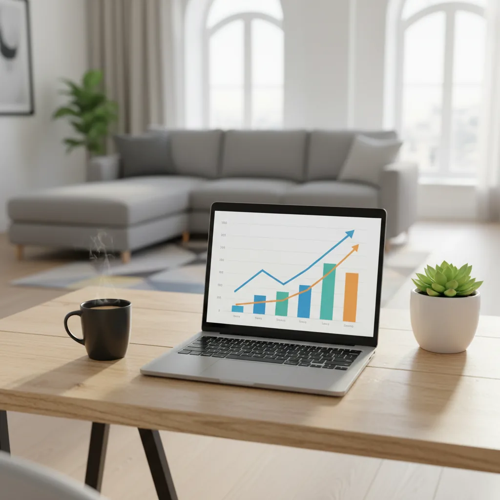 Empreeendedor trabalhando em um notebook moderno com gráficos de crescimento e ícones de negócios digitais ao redor