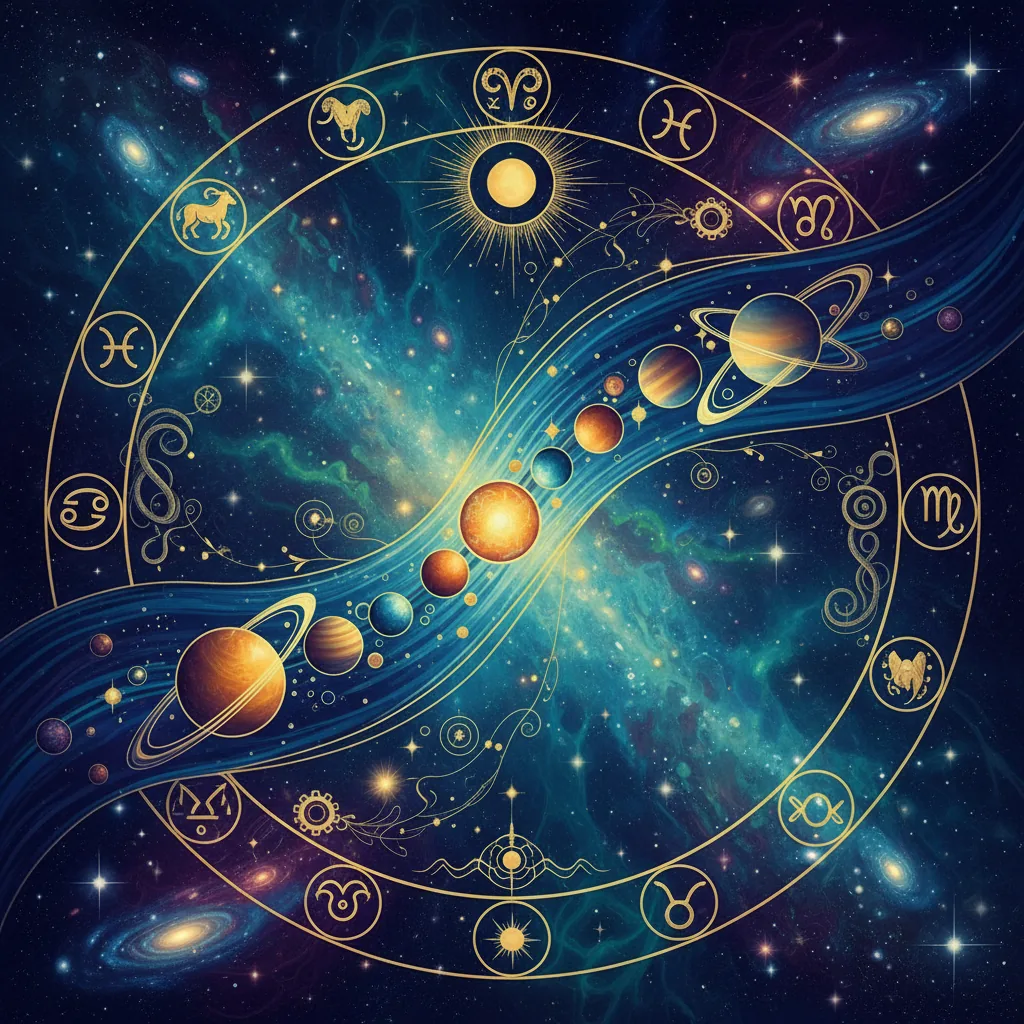 Imagem de um mapa astral com símbolos astrológicos e planetas alinhados