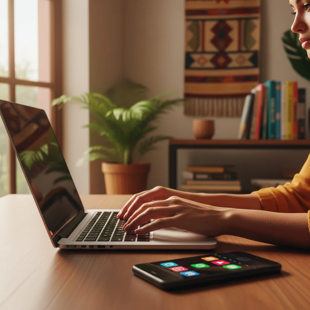 Mulher trabalhando como gestora de redes sociais em seu notebook, uma forma de renda extra para mulheres em 2026.