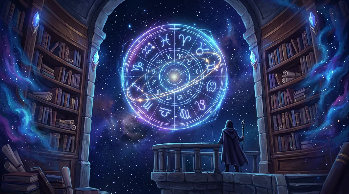 Ilustração mística representando os símbolos dos signos do zodíaco flutuando sobre um mapa estelar azul profundo em 2026.