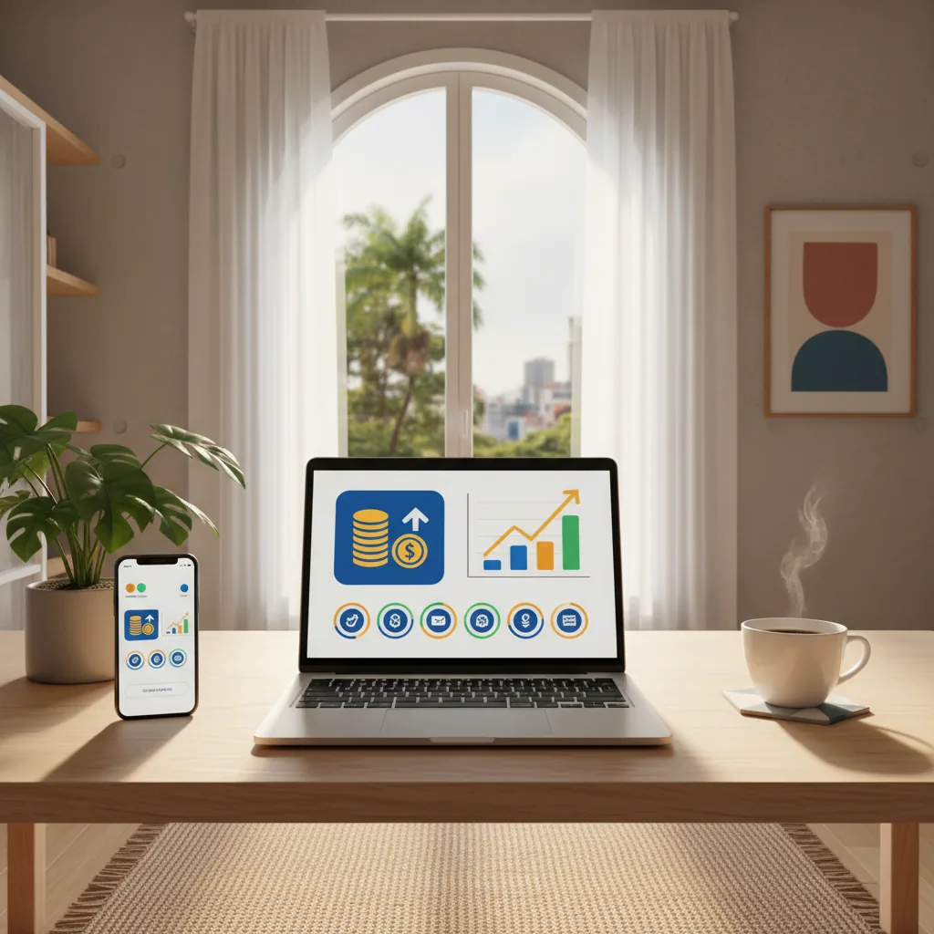 Pessoa utilizando smartphone e notebook para gerenciar renda extra online com gráficos de ganho ao fundo
