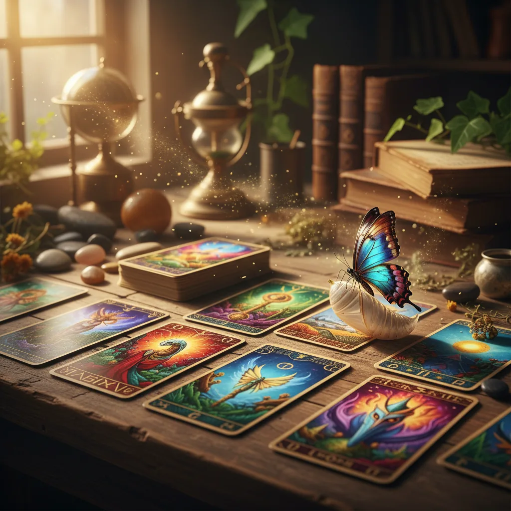 Cartas de tarô sobre uma mesa de madeira com luz solar entrando por uma janela, representando mudança e renovação em 2026.