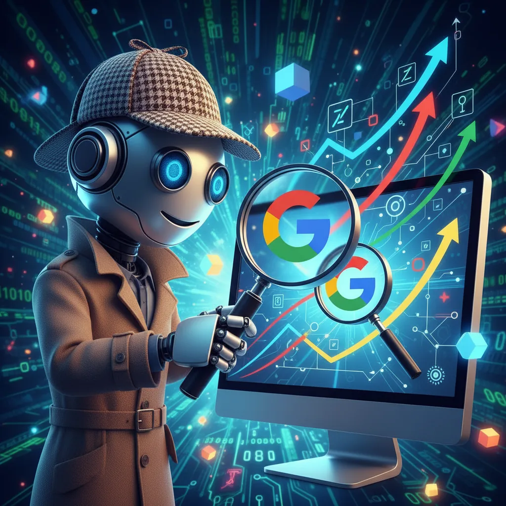 Robô de SEO amigável examinando um monitor com a logo do Google, simbolizando a otimização de busca.