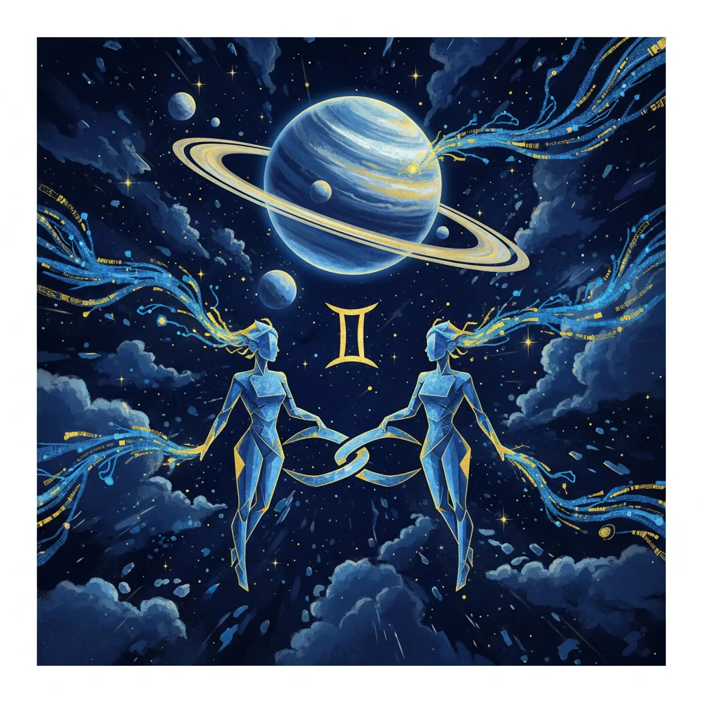 Ilustração astrológica do planeta Urano transitando pelo signo de Gêmeos, simbolizando a revolução da informação.