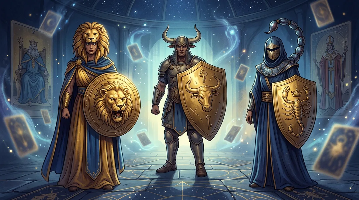 Ilustração artística de três figuras zodiacais majestosas protegendo seus escudos enquanto cartas de tarô flutuam ao redor, simbolizando a resistência à crítica.