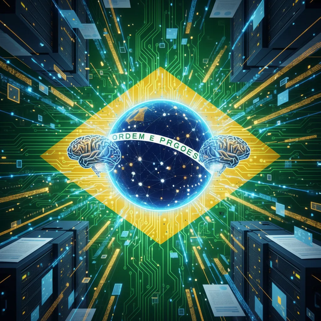 Ilustração abstrata de redes neurais interconectadas formando a bandeira brasileira, simbolizando a otimização de IA para empresas no Brasil.