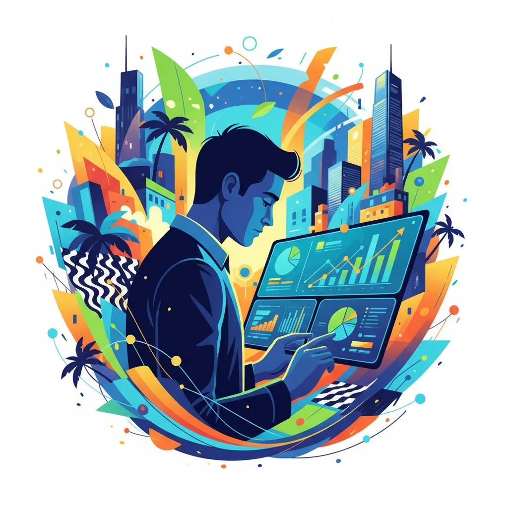 Ilustração de empreendedor brasileiro analisando métricas de SEO em dashboard
