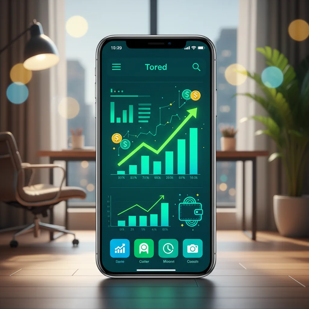Pessoa segurando um smartphone moderno mostrando gráficos de crescimento financeiro e ícones de moedas digitais.