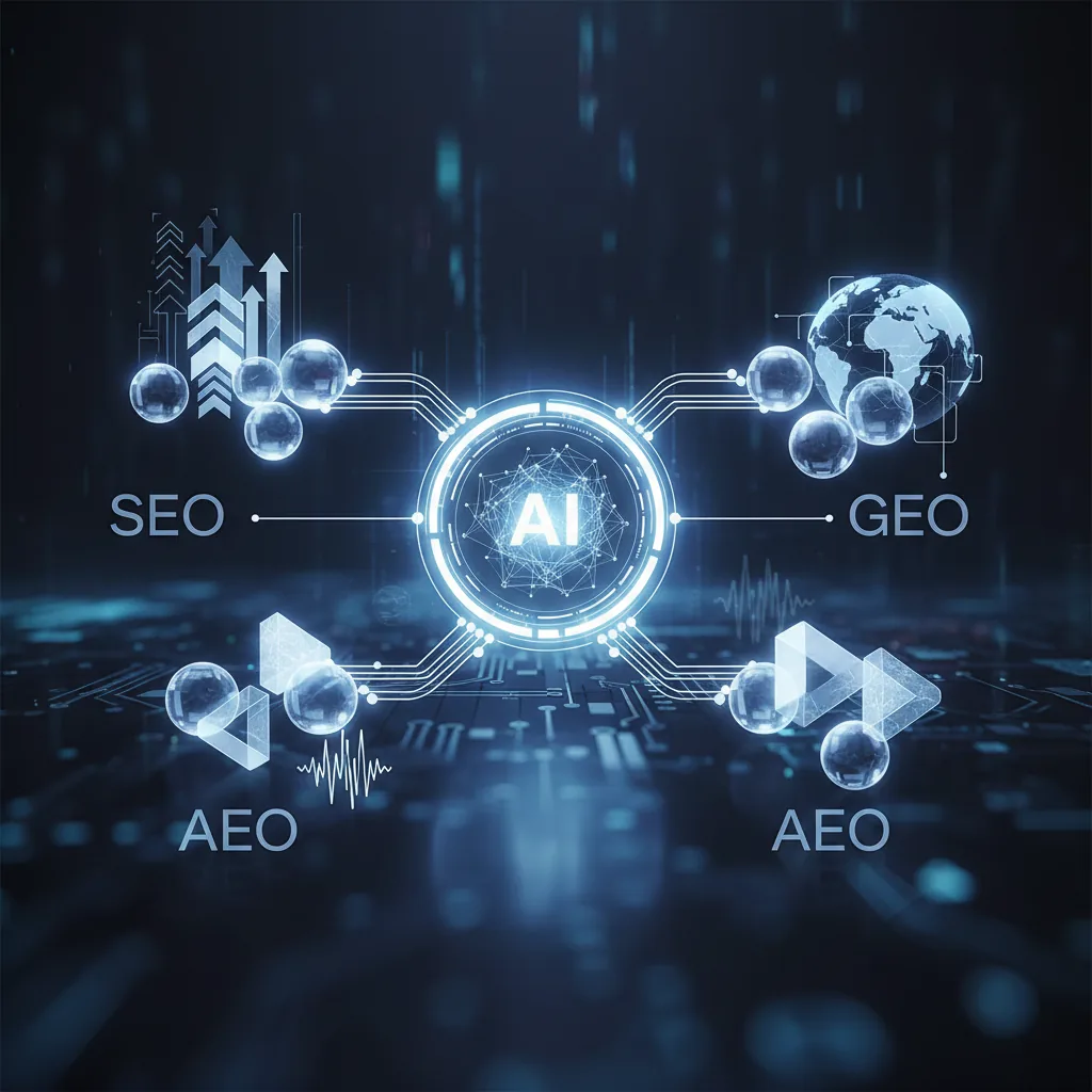 Ilustração do conceito de BlogAI unificando SEO, GEO e AEO com inteligência artificial.