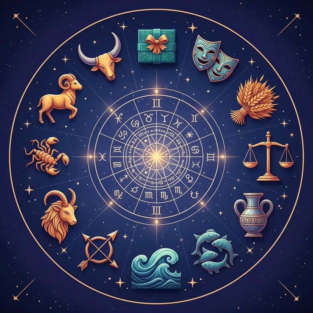 Guia de presente para mulher de cada signo, mostrando objetos simbólicos de cada signo do zodíaco em um fundo místico.