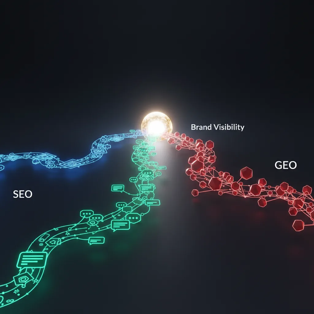 Infográfico abstrato mostrando a convergência de SEO, GEO e AEO para a visibilidade da marca em 2026.