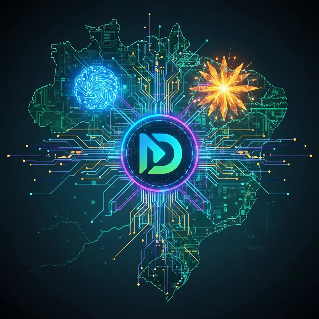 Ilustração tecnológica mostrando conexões entre logos de IAs e empresas brasileiras para otimização de busca
